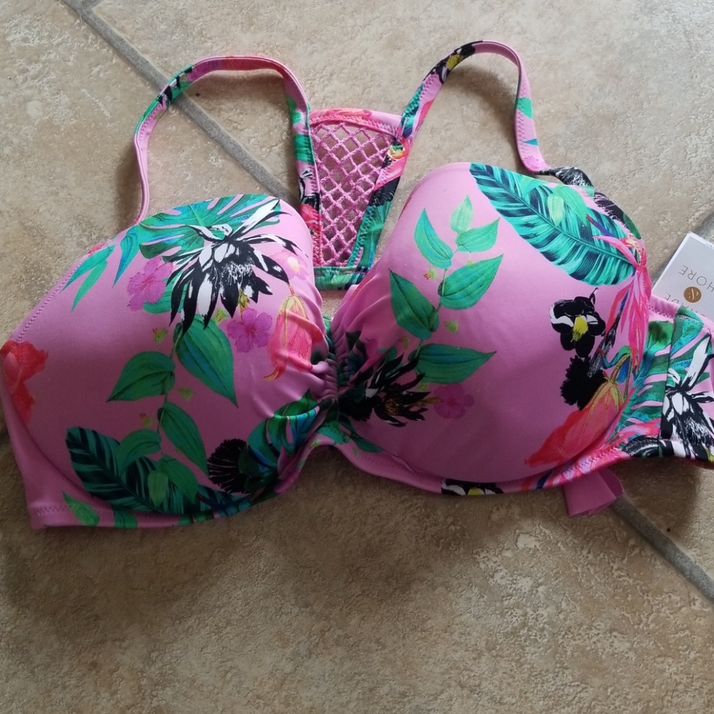 38 DD swim top pink floral with mesh detail